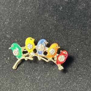 Gold Tone Birds On Branch Brooch Clear Crystals 1.5” Fashion Costume Jewelry